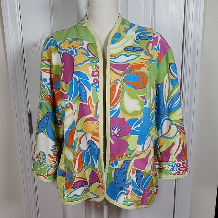 Vintage Multiples Bright Colored Floral Jacket With Sequins Cotton/Linen Size Xl
